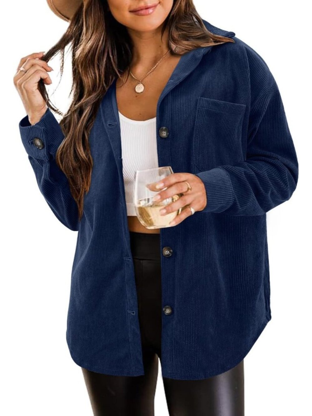 Women's Dark Navy Blue Oversized Corduroy Long Sleeve Button-down Shacket Jacket